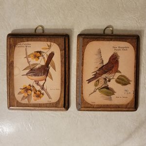 Lot of 2 Vintage Wood Bird Decoupage Hanging Wall Plaque Decor State Birds